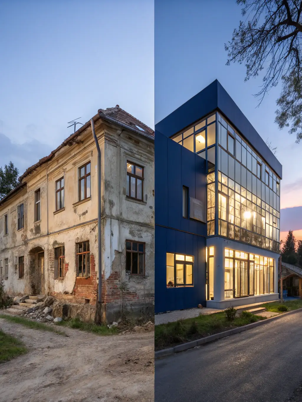 A before-and-after image showcasing the transformation of a dilapidated house into a luxurious, modern residence, highlighting the dramatic improvement.